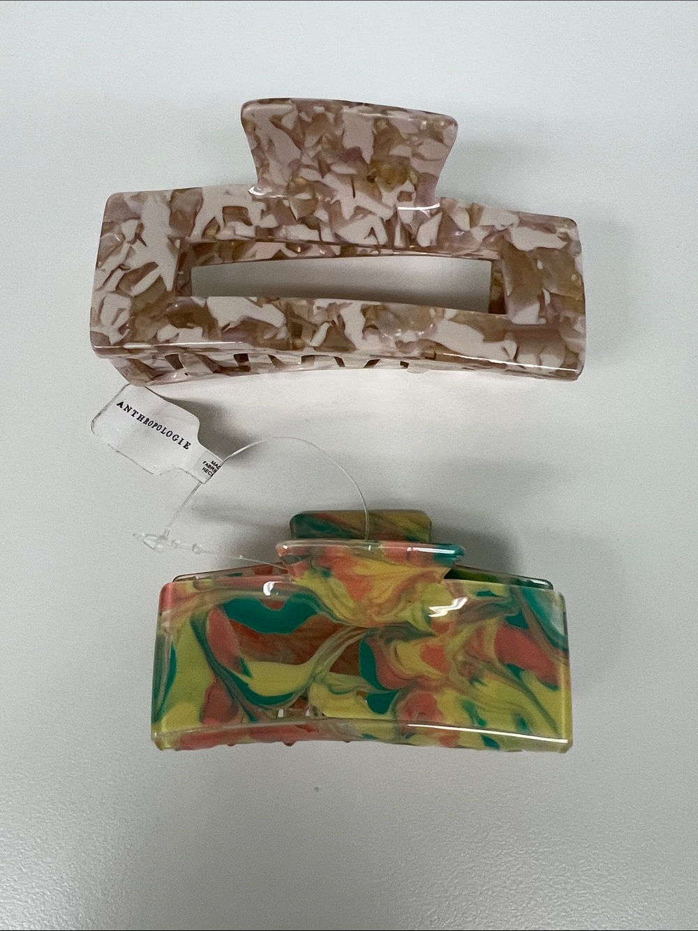Marble Pink Rectangle Hair Claw + Multicolor Swirl Claw Set